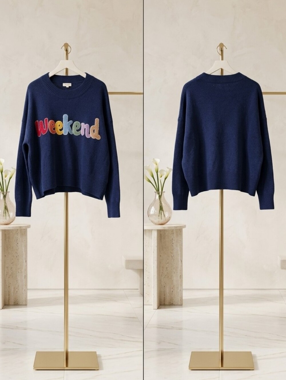 debut Navy 'Weekend' Embroidered Crewneck Sweater